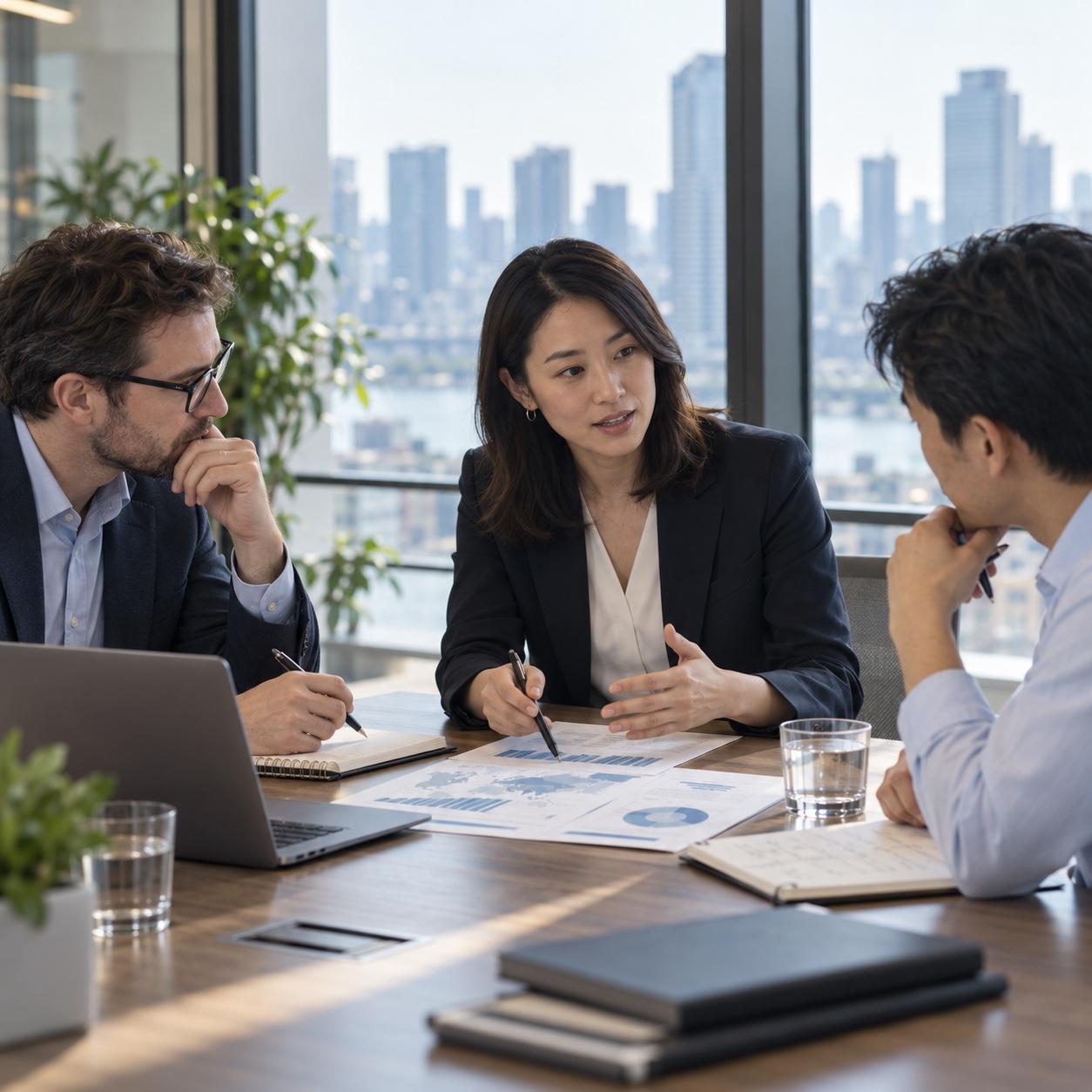 Business decision-makers in a strategy meeting with market data