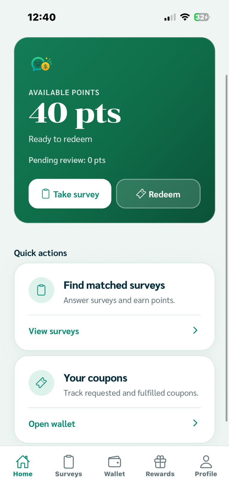 The Sabaidi app home screen showing available points, a take-survey action and quick actions.
